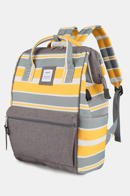 Striped Waterproof Nylon Backpack Bag with Side Pockets - Yellow