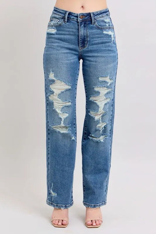 High-Rise Distressed Straight-Leg Denim Pants