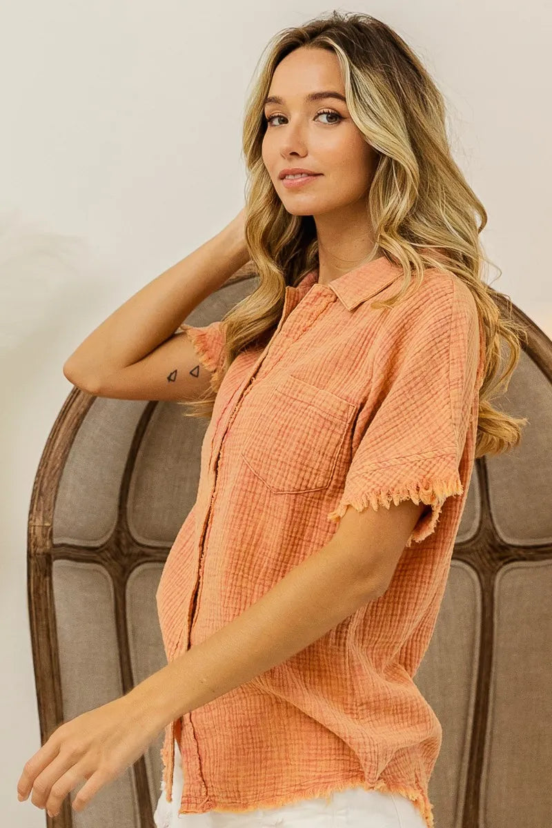 Textured Grid Button-Down Blouse