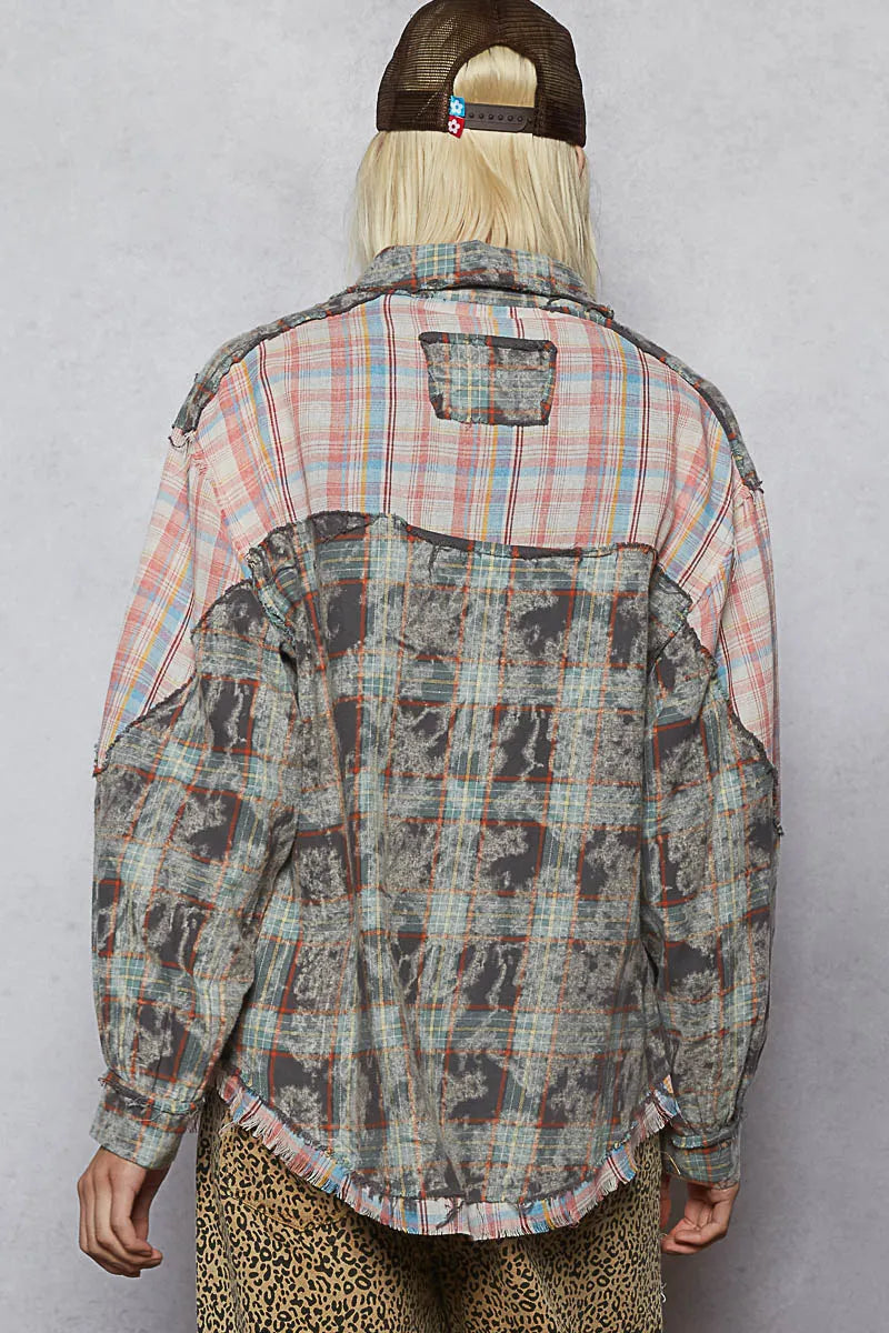 Patchwork Vintage Long Sleeve Shirt with Distressed Denim Highlights