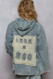 Patchwork Distressed Zip Up Hooded Denim Jacket