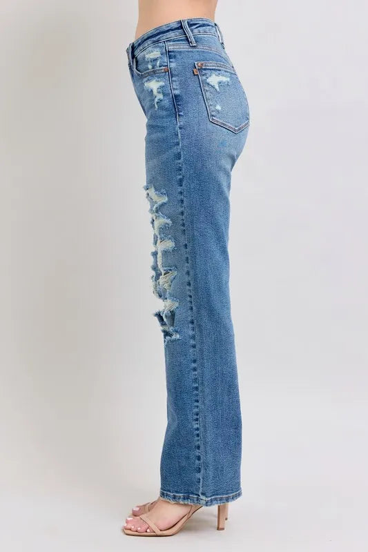 High-Rise Distressed Straight-Leg Denim Pants