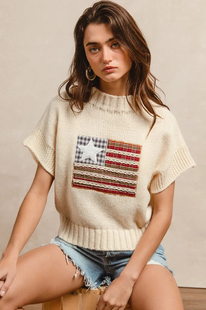 Patchwork Flag Knit Short-Sleeve Pullover