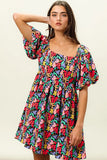 Tropical Blossom Puff Square Neck Dress