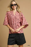 Bow Print Corduroy Balloon Sleeve Top