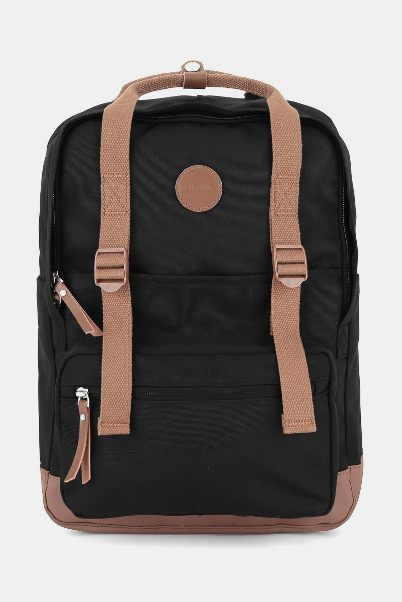 Waterproof Canvas Backpack Bag with Side Pockets - Black/Brown