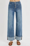 High Waisted Cuffed Wide Leg Button Fly Patch Jeans