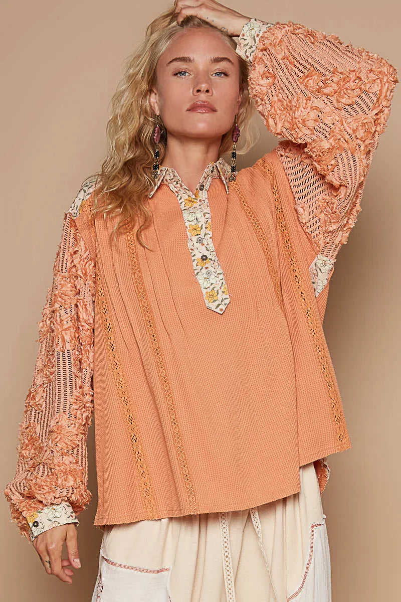 Bohemian Floral Knit Lace Detail Long Sleeve Blouse