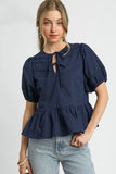 Peplum Tie-Front Puff Sleeve Top