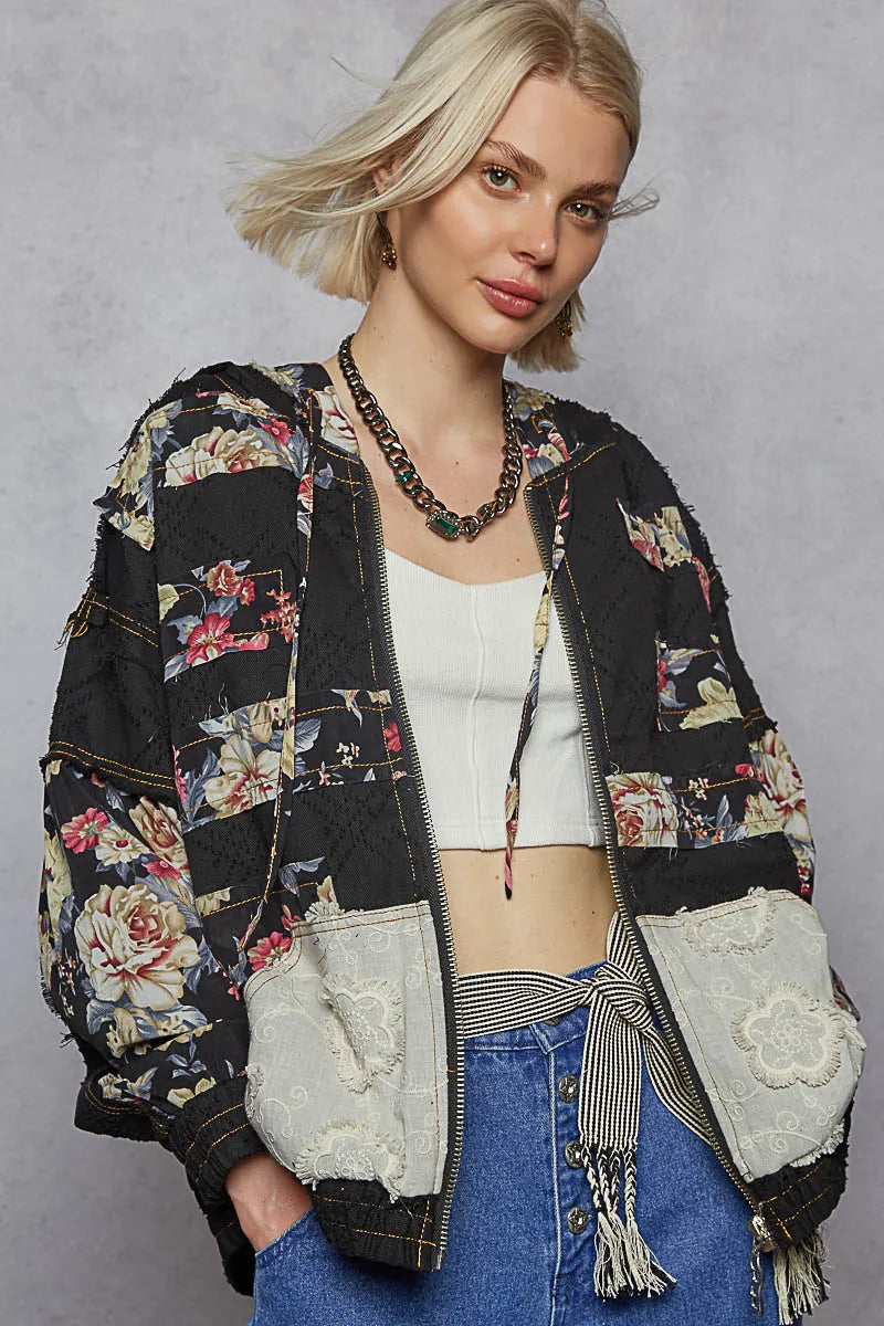 Floral Lace Patch Vintage Bomber Jacket