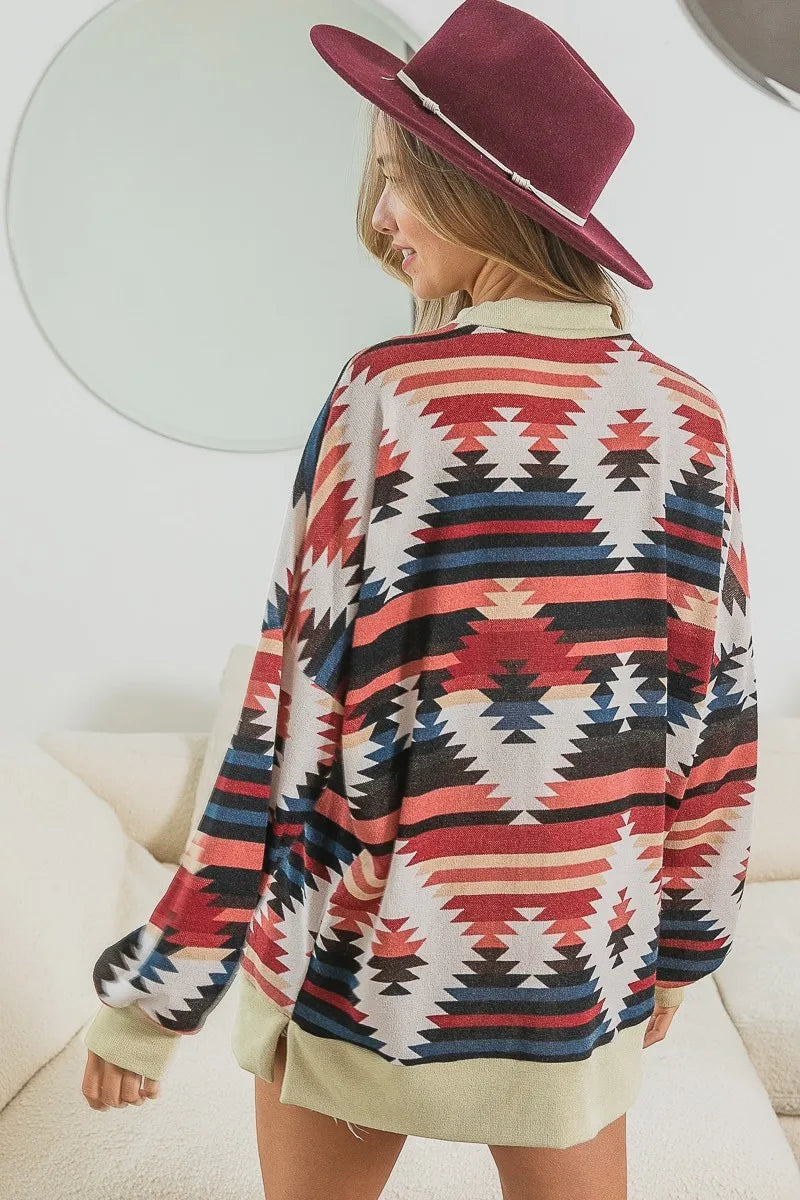 Tribal Geometric Oversized Mock Neck Long Sleeve Shirt