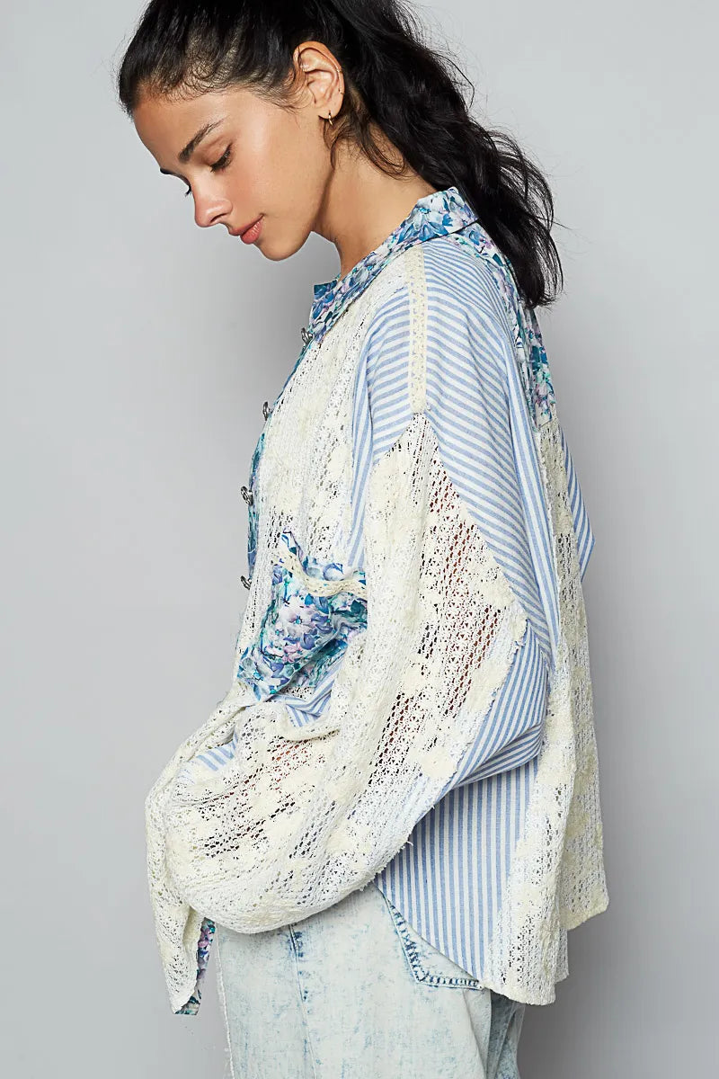 Oversized Blouse with Floral and Striped Sleeves