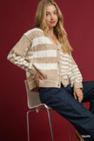 Modern Stripe Cable-Knit Button-Up Cardigan