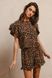Waffle Texture Leopard Pattern Ruffle Sleeve Top and Shorts Ensemble