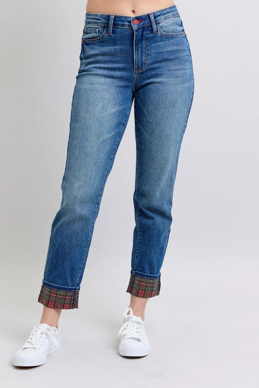 Full Length Plaid Cuff Straight Leg Denim Jeans