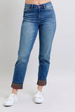 Full Length Plaid Cuff Straight Leg Denim Jeans