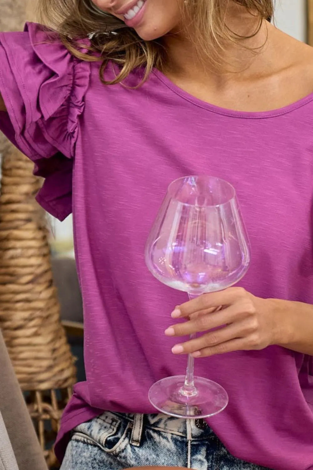 Ruffled Sleeve Cotton Blend Blouse