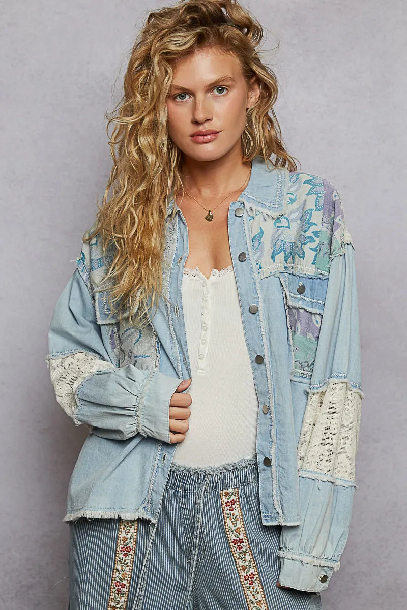 Vintage Patchwork Denim Jacket with Lace Accents