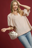 Textured V-Neck Puff Sleeve Blouse