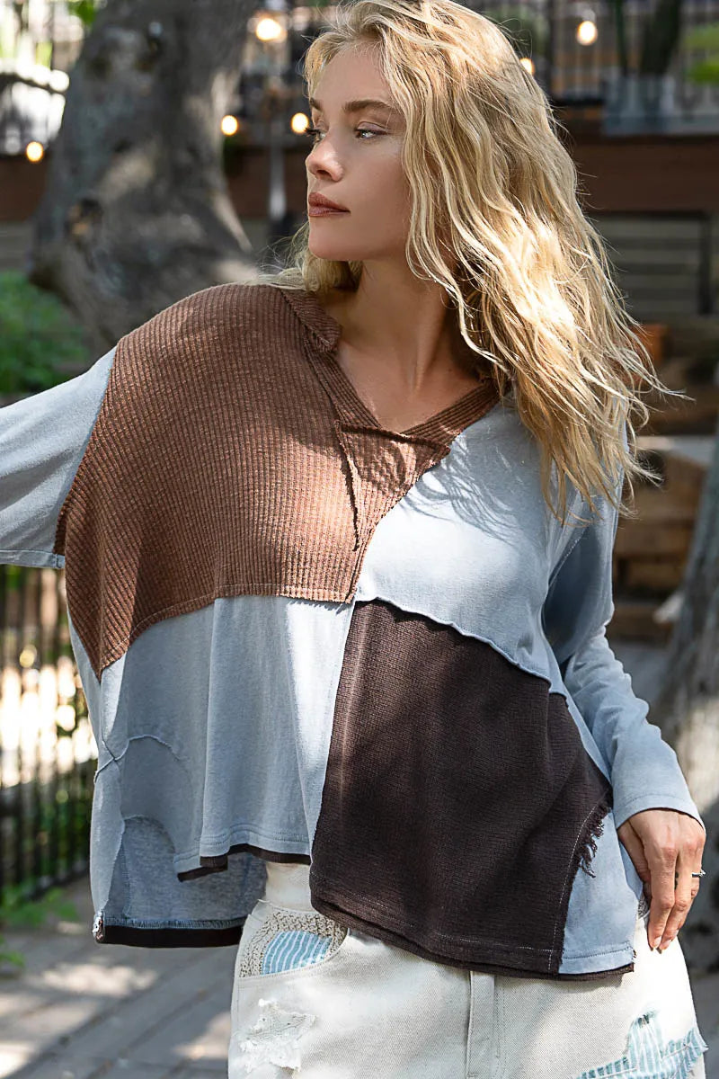 Contemporary Blocked Notched Long Sleeve Tee
