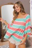 Stripe Printed Bubble Woven Balloon Sleeves Top