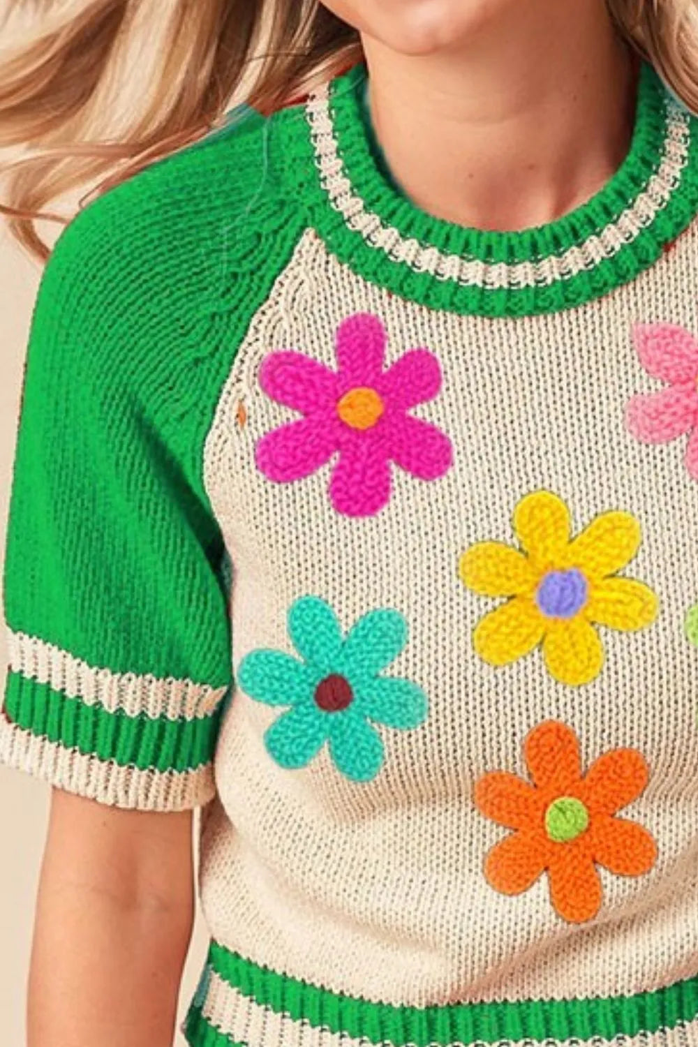 Floral Embroidered Striped Knit Pullover Sweater