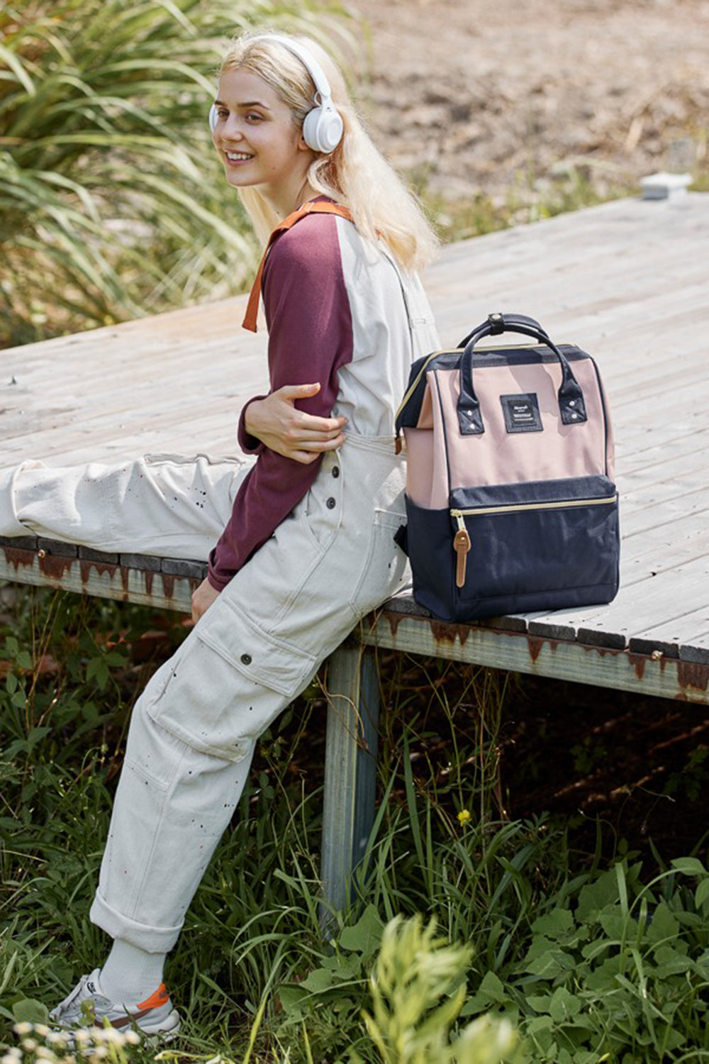 Waterproof Canvas Backpack Bag with Side Pockets - Pink
