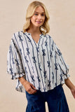 Charming Bow Print Striped Balloon Sleeve Blouse