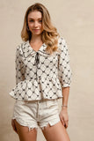 Geometric Print Peplum Blouse with Tie-Front V-Neck Collar