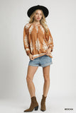 Full-Size Chic Border Print Top with Balloon Sleeves