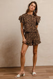 Waffle Texture Leopard Pattern Ruffle Sleeve Top and Shorts Ensemble