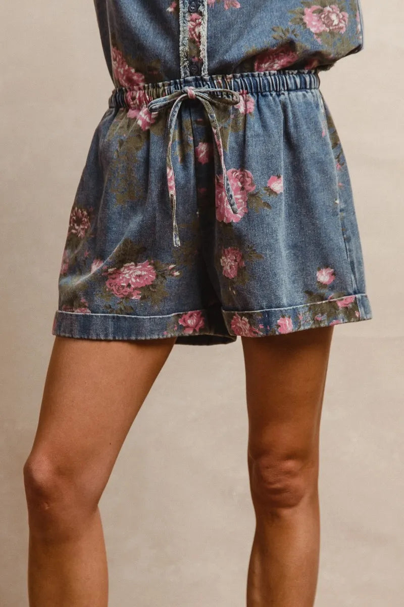 Vintage-Inspired Floral Denim Shorts With Drawstring