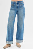 Full Size Mid Rise Elastic Band Cuffed Wide-Leg Patch Pocket Jeans