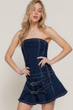 Strapless Stretch Denim Dress with Dual Buckle Flair