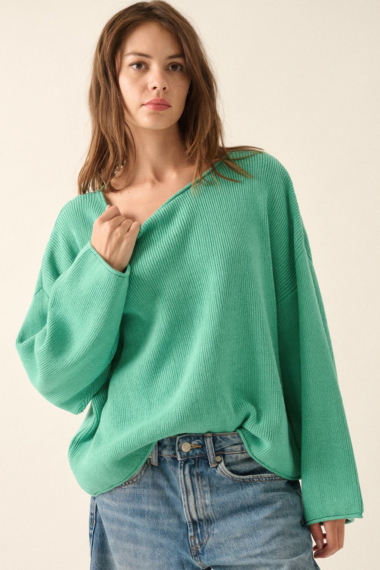 Rib-Knit Oversized Boatneck Pullover Sweater