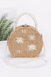 Pearl Blossom Faux Straw Clutch with Floral Handle