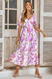 Floral Paint Short Sleeve Tie Cuff Surplice Dress