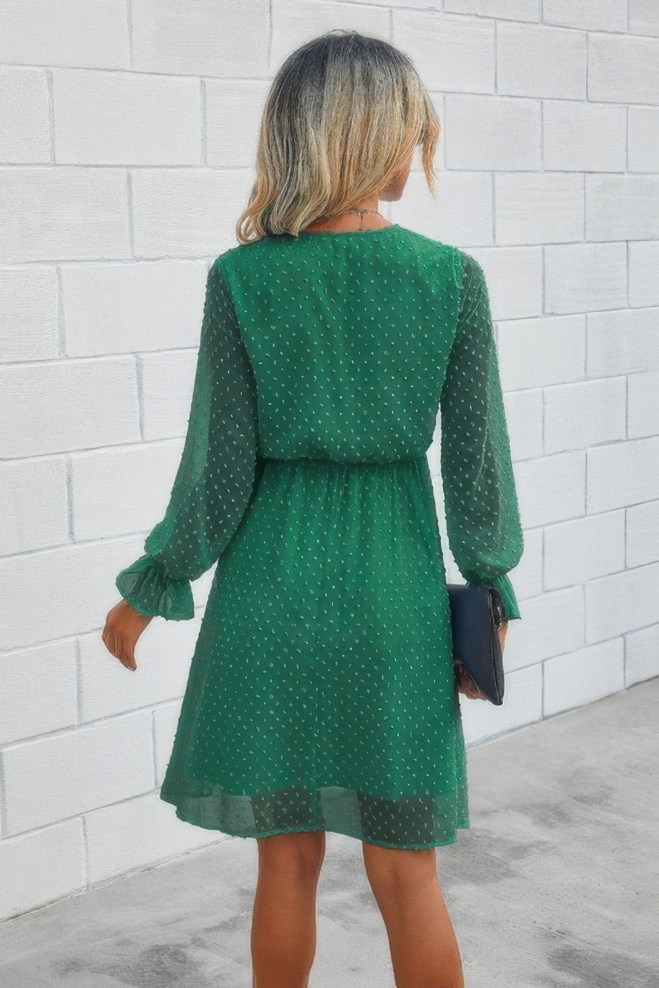 Solid Swiss Dot Flounce Sleeve Shirred Midi Dress