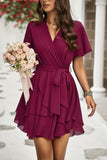 Chiffon Layer Hem Waist Tie Layer Hem Ruffle Dress