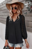 Solid V Neck Lantern Sleeve Swiss Dot Shirt