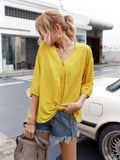 V Neck Drawstring Solid Button Down Blouse
