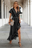 Strip Knot Belt Split V Neck Hem Ruffle Fit Dress