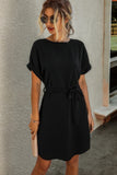 Solid Round Neck Tie Waist Belt Fit Dress
