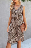 Leopard V Neck Sleeveless Button Fit Midi Dress