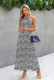 Animal Print Backless Halter Flowing Maxi Dress