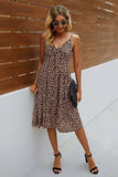 V Neck Spaghetti Strap Leopard Cut Out Midi Dress