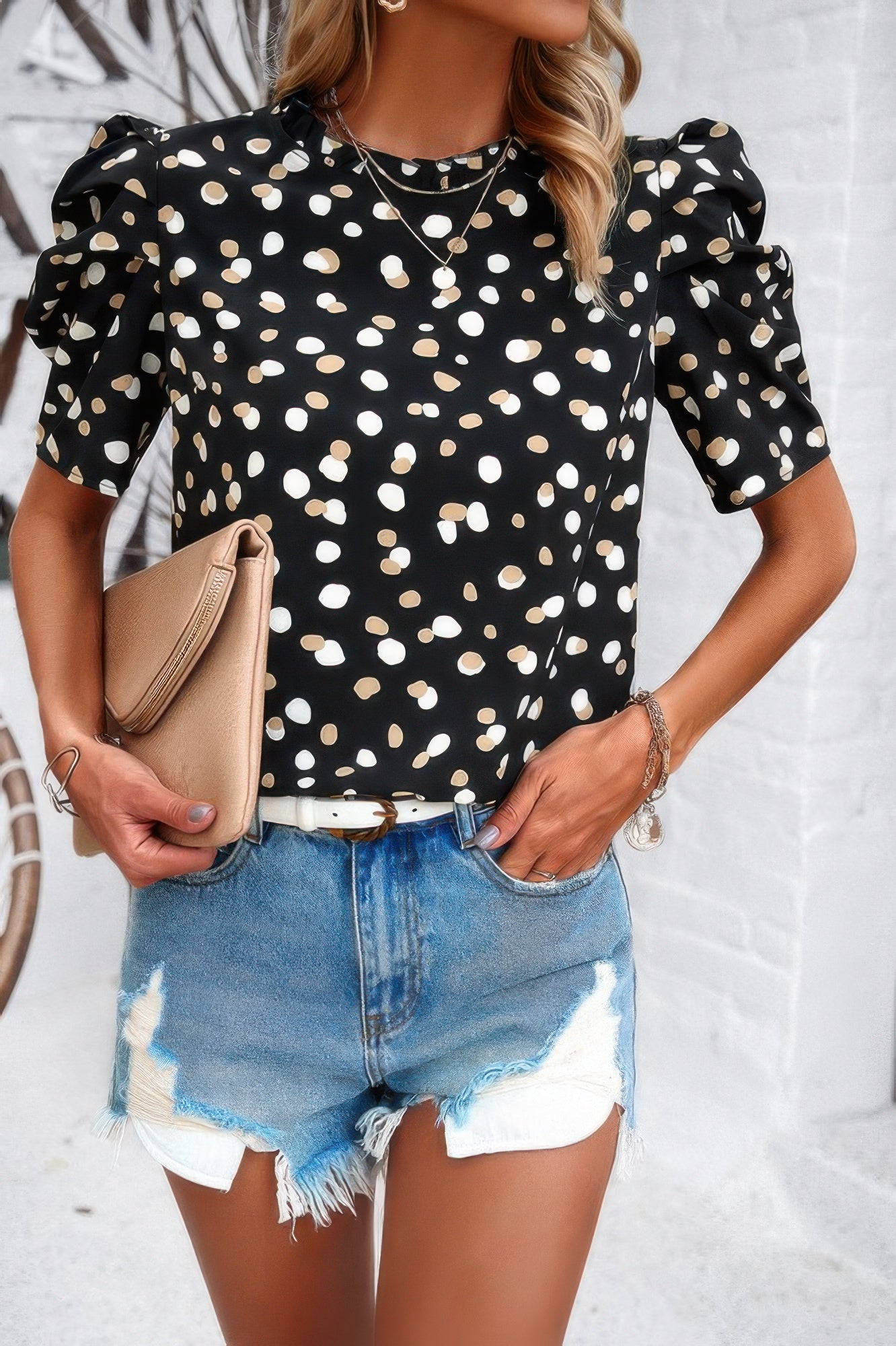 Puff Sleeves Allover Print Knot Loose Fit Top