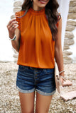 Solid Frill Trim Mock Neck Sleeveless Tunic Blouse