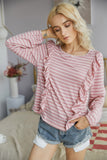 Crew Neck Ruffles Long Sleeves Knitted Striped Shirt