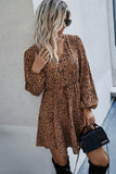 Leopard Patterned Belted Dress with Ruffle Hem Tie
